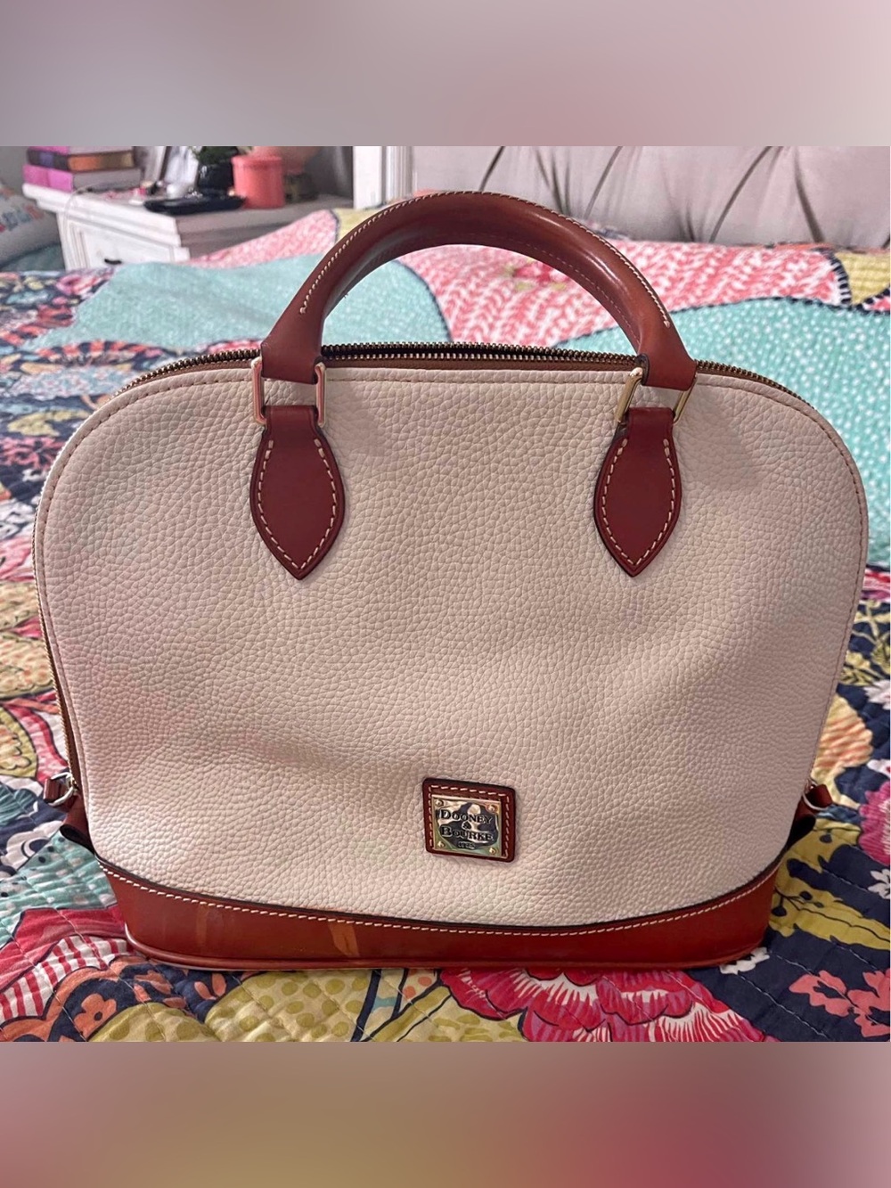 Dooney & Bourke Cream and Brown Dome Satchel